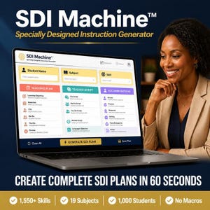 Può includere: Uno schermo di un computer portatile mostra l'interfaccia del generatore di istruzioni SDI Machine con sezioni per nome dello studente, materia, abilità, piano didattico, script dell'insegnante e adattamenti. Il software include pulsanti per generare piani.
