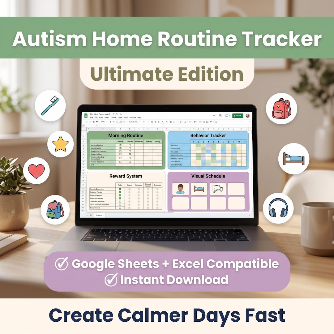 Autism Home Routine Tracker Spreadsheet | Visual Schedule & Behavior ...