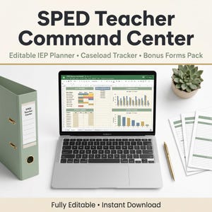 Puede incluir: Un portátil que muestra una hoja de cálculo, con una carpeta verde y papeles. El texto en la pantalla dice "SPED Teacher Dashboard". La imagen también incluye una planta suculenta en una maceta pequeña y un bolígrafo dorado. El texto en la parte superior dice "SPED Teacher Command Center."