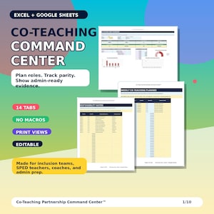 May include: A digital Co-Teaching Command Centre for Excel and Google Sheets featuring a responsibility matrix and weekly planner. The interface includes 14 tabs, is editable, requires no macros, and offers print views for inclusion teams and teachers.