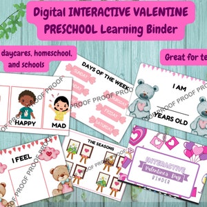 May include: A digital interactive Valentine's Day preschool learning binder with colourful pages featuring activities such as days of the week, seasons, and emotions. The binder includes a teddy bear theme and is great for teachers.