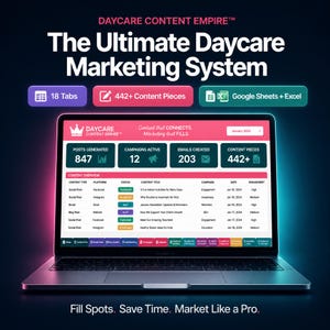 May include: A laptop displaying a marketing system interface. The screen shows data visualizations, including 'Posts Generated,' 'Campaigns Active,' and 'Emails Created.' The image also includes the text 'Daycare Content Empire' and 'The Ultimate Daycare Marketing System.'