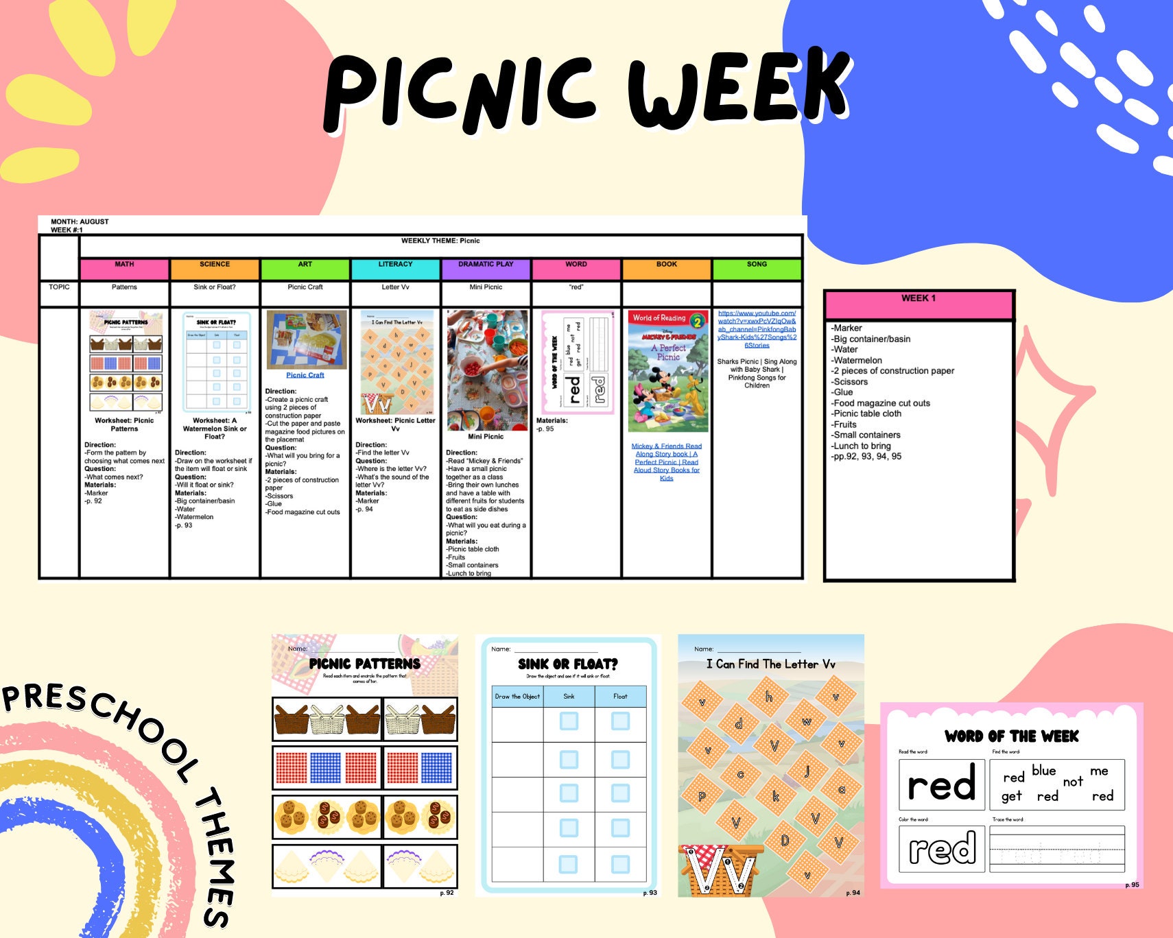 Picnic Week Themed Lesson Plan/ Picnic Week Activity Pack/ Etsy