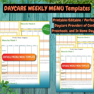 DAYCARE WEEKLY MENU Templates /editable / Perfect for Daycare Providers ...