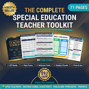 Könnte beinhalten: Eine dunkelblaue Grafik mit "THE COMPLETE SPECIAL EDUCATION TEACHER TOOLKIT" und "71 PAGES". Das Toolkit enthält Datenformulare, Verhaltenstools und Schüler-Visualisierungen. Der Text "$97 VALUE" und "Instant PDF Download" sind ebenfalls enthalten.