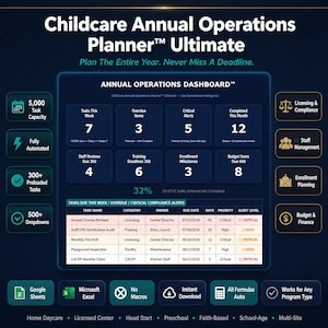 May include: A digital Childcare Annual Operations Planner Ultimate dashboard featuring a dark blue interface with white text. It displays task metrics, an operations table with columns for task name, category, owner, due date, days, priority, and alert level.