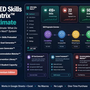 May include: A digital interface for the "SPED Skills Matrix Ultimate" system. The dark blue interface displays key features like "418+ Skills Preloaded," "IEP Goal Generator," and "500 Student Capacity." It also includes a skill progression overview and a premium edition button.
