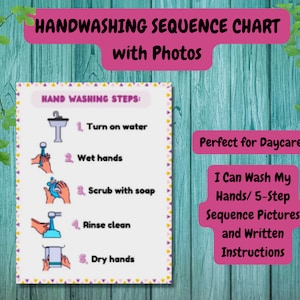 HANDWASSERIETABEL met foto's/Ik kan mijn handen wassen/5-stappenreeksfoto's en schriftelijke instructies/Perfect voor kinderdagverblijven!