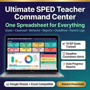 以下が含まれることがあります： 「Ultimate SPED Teacher Command Center」のソフトウェアを表示するラップトップのスクリーンショット。特別支援教育管理用のソフトウェアで、データ視覚化、KPI、目標、ケースロード、締め切りを追跡します。自動進捗レポートとインスタントダウンロードが含まれています。