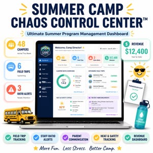 May include: A laptop screen displays a summer camp program management dashboard. The dashboard shows camper counts, field trips, ratio alerts, and revenue. A yellow school bus graphic is on the left. A water bottle with the text "Stay Hydrated" is on the right.