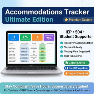 Peut inclure: Un ordinateur portable MacBook argenté affichant une interface "Accommodations Tracker". L'écran montre les données des élèves, les détails des aménagements et les statuts d'alerte. Le texte comprend "Ultimate Edition", "IEP 504" et "Student Supports".