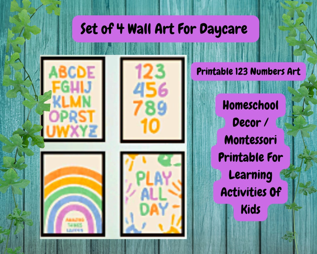 Set of 4 Wall Art for Daycare / Printable 123 Numbers Art / Alphabets