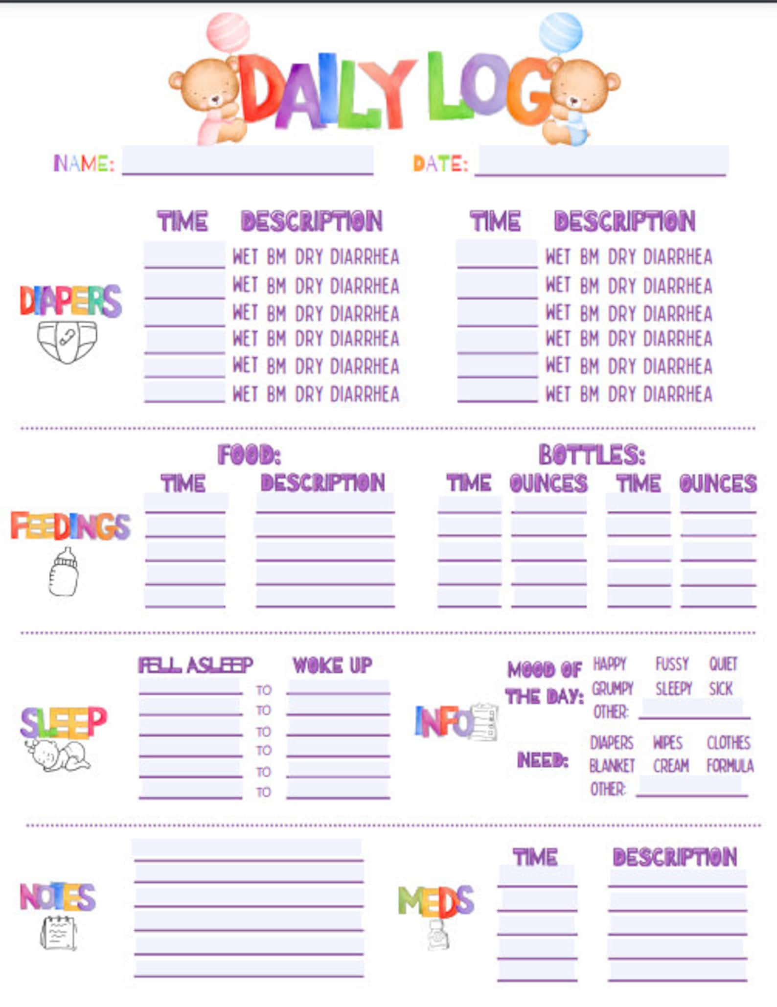 INFANT DAILY Log/child Care Tracker/babysitter Notes/ Daycare Log