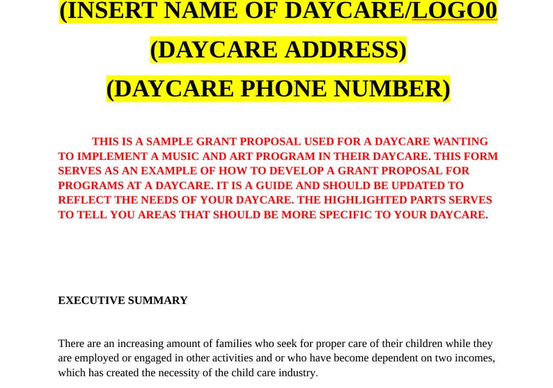 Daycare Provider Grant Writing Proposal Template, Childcare Provider