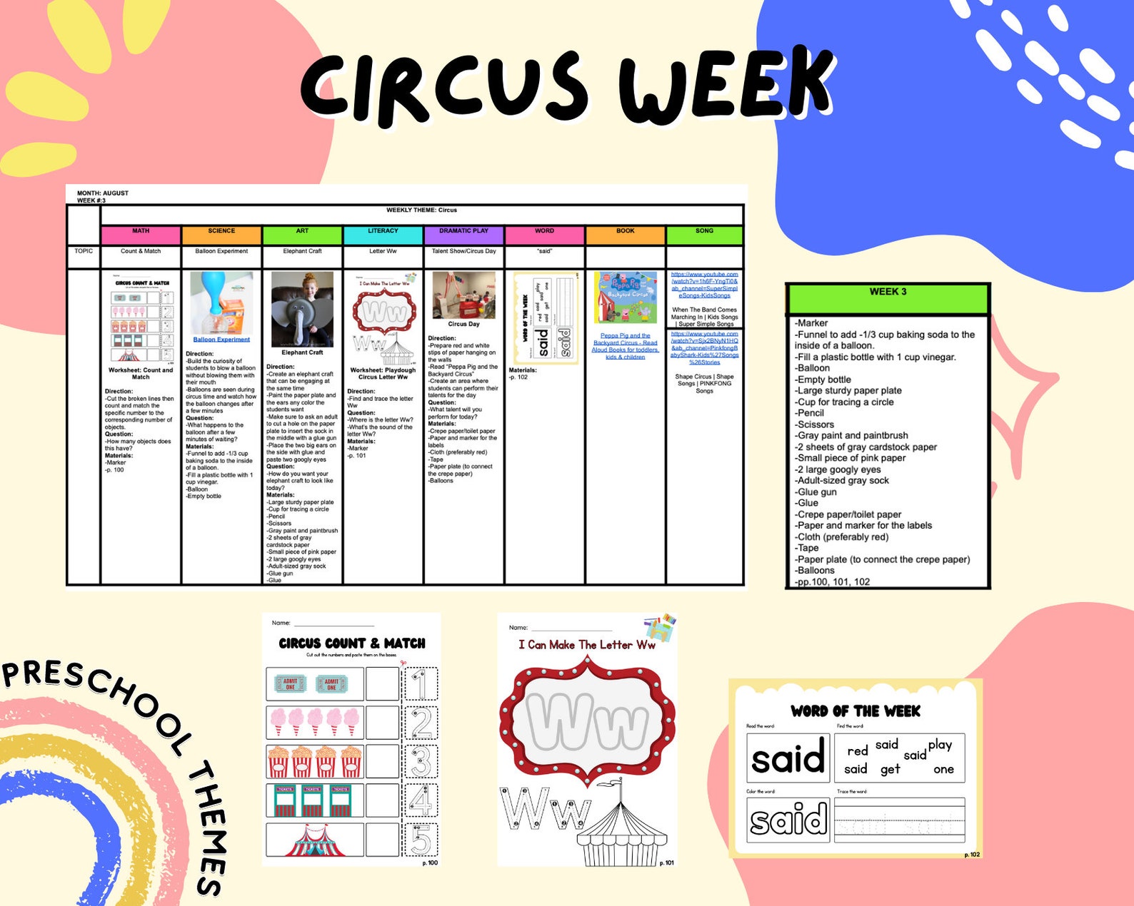 CIRCUS WEEK Themed Lesson Plan/ Circus Week Activity Pack/ Etsy