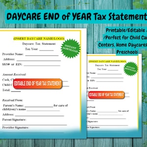 Peut inclure: Un formulaire de déclaration fiscale de fin d'année de garderie imprimable et modifiable. Le formulaire est bleu et jaune avec le texte "Daycare End of Year Tax Statement" en gros caractères en haut. Le formulaire comprend des champs pour le nom du fournisseur de garderie, l'adresse, le numéro de sécurité sociale ou l'EIN, l'année fiscale, le montant reçu, les espèces, les frais de garde d'enfants, le total, reçu de, le nom du parent, le nom de l'enfant, l'adresse, la signature du parent et la signature du fournisseur.