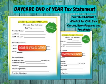 Daycare End of Year Tax Statement: Editable Form (Digital Download)