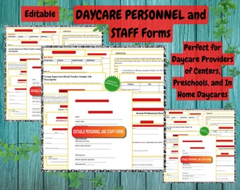 Può includere: Moduli modificabili per il personale e lo staff dell'asilo nido in rosso e bianco. I moduli includono una descrizione di lavoro di esempio, un contratto e un piano di sviluppo professionale annuale.