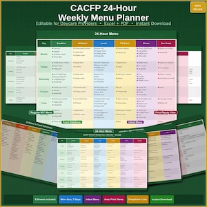 May include: A green and white weekly menu planner with the text "CACFP 24-Hour Weekly Menu Planner." The planner is designed for daycare providers and includes sections for breakfast, lunch, dinner, and snacks. It also includes a children's food database.