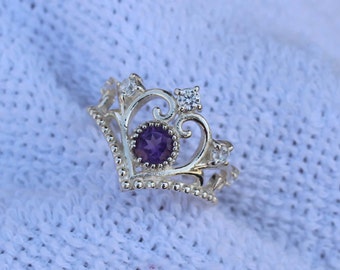 Amethyst Ring: Sterling Silver Crown Ring, February Birthstone