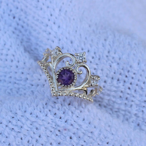 Amethyst Ring: Sterling Silver Crown Ring, February Birthstone