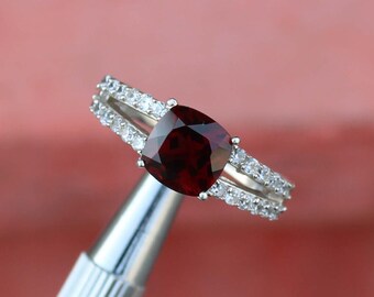 Cushion Cut Garnet Sterling Silver Ring - January Birthstone