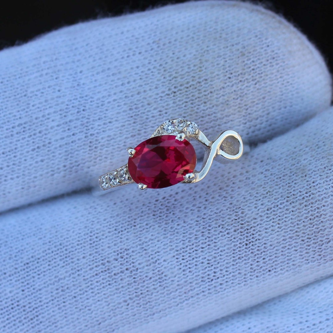 Oval Lab Ruby Oval Lab Ruby Ring: Sterling Silver, CZ Accents - Etsy