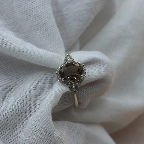 Handmade Smoky Quartz Ring: Oval Gemstone, Sterling Silver, CZ Accents