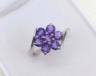 Handmade Amethyst Flower Ring, Sterling Silver, February Birthstone