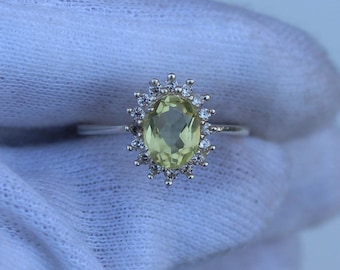 Oval Lemon Quartz Ring: Sterling Silver Gemstone Ring with Cubic Zirconia