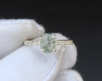 Anillo de ágata de musgo verde natural regalo de aniversario para su anillo de plata de ley 925 anillo de compromiso anillo de promesa anillo de piedra preciosa de cumpleaños