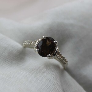 Handmade Oval Smoky Quartz Ring: Sterling Silver & Cubic Zirconia