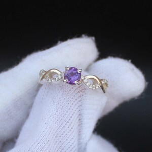 Dainty Amethyst Sterling Silver Ring: Round Birthstone, Cubic Zirconia
