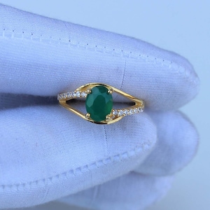 Green Onyx Sterling Silver Ring, Oval Cut Solitaire Gemstone Ring, Dainty Ring for Women, Handmade Green Stone Ring, Gold Plated Onyx Ring