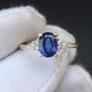 Oval Lab Blue Sapphire Ring: Vintage Sterling Silver Engagement, September Birthstone