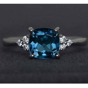 Natural Cushion Cut London Blue Topaz 925 Starling Silver Solitaire Women Engagement Ring Gift for Her