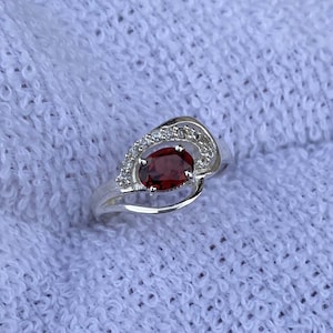 Natural Oval Red Garnet Ring Sterling Silver Gemstone Engagement Promise Ring For Women January Birthstone Anniversary Birthday Gift For Her