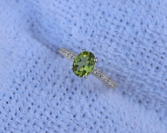 Natural Peridot Gemstone Ring, Oval Cut Ring, 925 Sterling Silver Ring, Promise Ring, Engagement Ring, August Birthstone Ring, Gift For Her