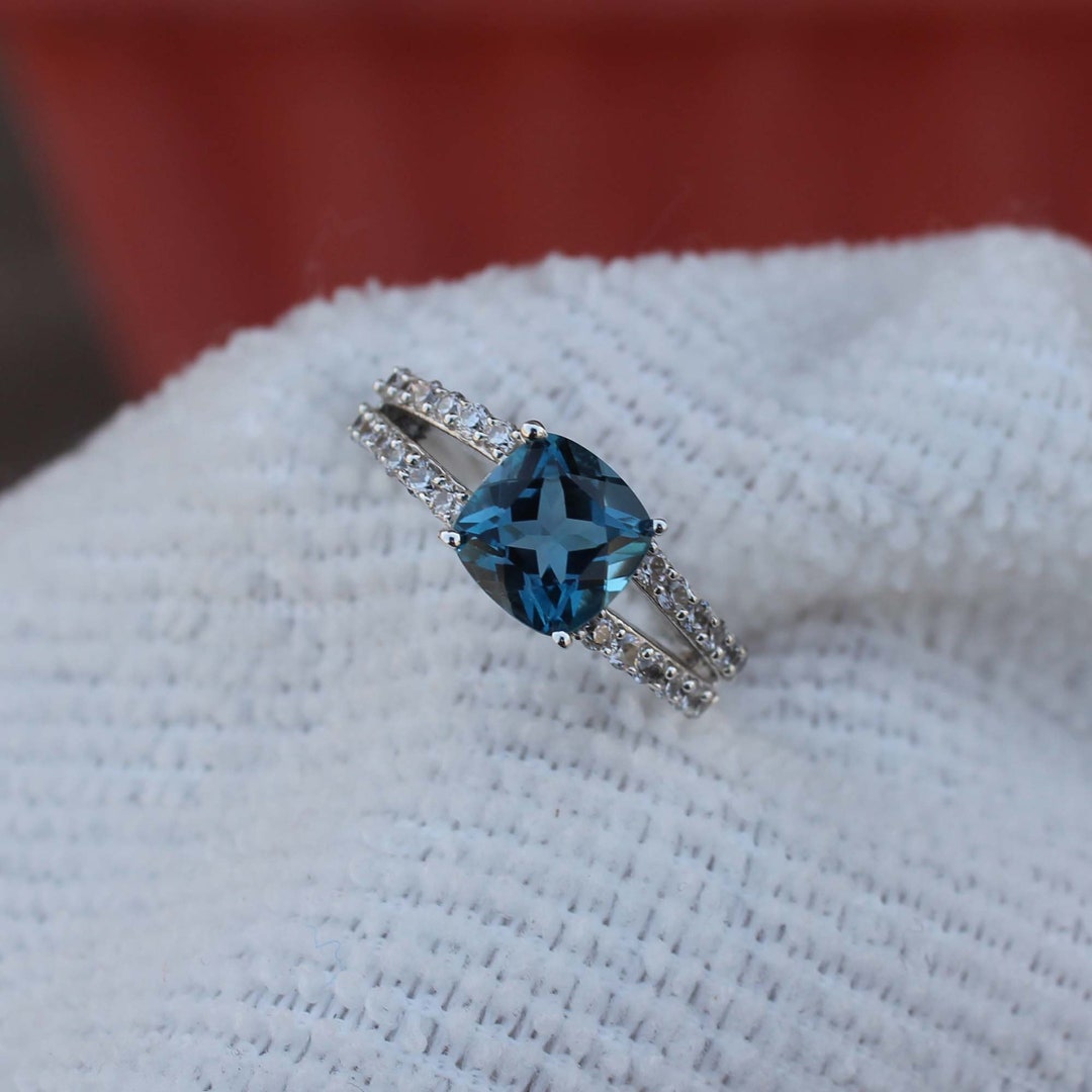 London Blue Topaz Engagement Ring: Cushion Cut Sterling Silver - Etsy