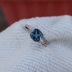 London blue topaz wedding ring, cushion cut blue gemstone ring, sterling silver, November birthstone Blue Topaz Engagement Ring