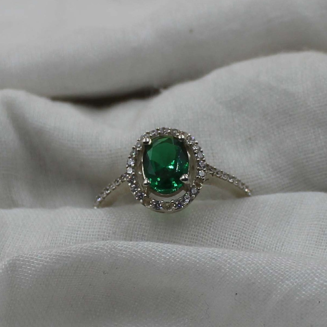 Oval Lab Emerald Ring: Sterling Silver Engagement, May Birthstone - Etsy