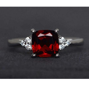 natural garnet ring engagement ring cushion cut January birthstone ring silver ring red gemstone ring