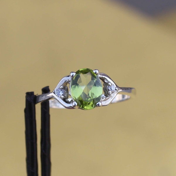 Natural Peridot Ring- Sterling Silver Engagement Promise Ring For Women Green Gemstone- August Birthstone- Anniversary Birthday Gift for Her