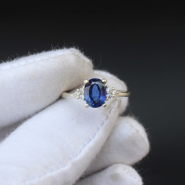 Blauer Saphir-Ring im Ovalschliff, Vintage-Sterlingsilber, blauer Verlobungsring, einzigartiger Jubiläumsring, Geburtsstein September, Geburtstagsgeschenk