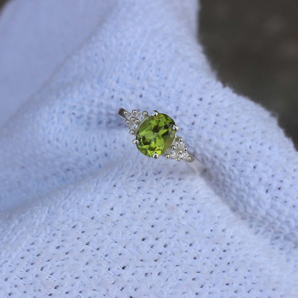 Natural Peridot Ring- Sterling Silver Engagement Promise Ring For Women Green Gemstone- August Birthstone- Anniversary Birthday Gift for Her