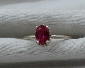 Anillo de rubí de laboratorio ovalado: anillo de promesa de plata esterlina, piedra natal de julio