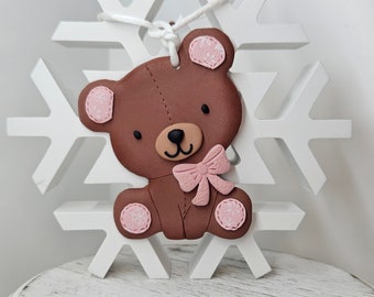 Teddy Bear Christmas Ornament, Baby Bear Holiday Decoration, Handmade Polymer Clay Ornament, Baby's First Christmas Ornament, Baby Girl