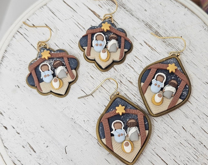 Handmade Nativity Earrings, Christmas Earrings, Jesus in Manger