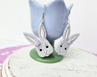 Long Ear Rabbit Earrings, Easter Bunny Earrings, Handmade Polymer Clay Jewelry, Easter Spring Jewelry, Cute Bunny with Butterfly Earrings