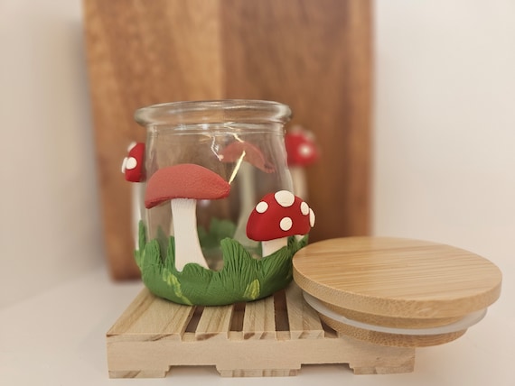 Mushroom Jar, Cottage Core Decoration, Polymer Clay Jar, Candle Holder, Jar  W Lid 